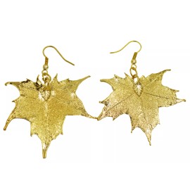 Zhannel Real Leaf Hook Drop EARRINGS Sugar Maple in 24k Yellow gold Genuine Leaf