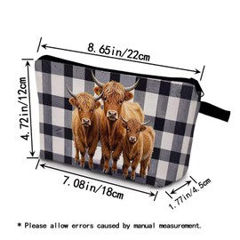YULUENZE Checkered Highland Cattle Makeup Bag Cute Small Organizer Bag with Zipper Checkered Highland Cattle Cosmetic Bag Aesthetic Birthday Present for Women Friends -2