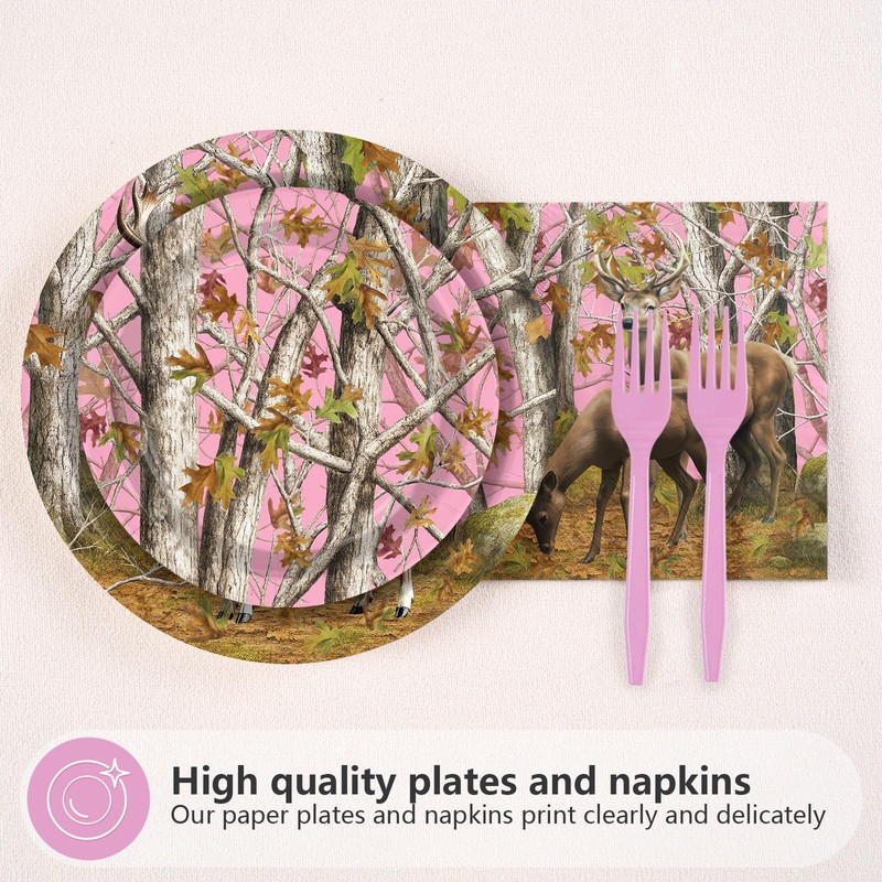 Greencian 96Pcs Pink Hunting Deer Camo Party Decorations, Serves 24