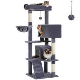 MUTTROS Cat Tree for Large Cats Adult with Super Large Top Perch, 56.3" Cat Tower for Large Cats with Plush Hammock, Cat Shelves and Dangling Pompom, Cat Scratching Posts and 2 Condos House, Dark Gray