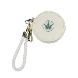 Yulinmon Beige PU Leather Round Coin Purse with Braided Wrist Strap, Metal Enamel Mark, Golden Clasp and Zipper, Small Change Pouch Wallet,Coin Organizer, Change Holder for Women (Leaf Emblem)