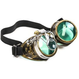 Valvetcrow Brass Steampunk Victorian Style Goggles Colored Lenses & Ocular Loupe Mad Scientist (Green)