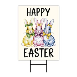 Happy Easter Polka Dot Rabbit Welcome Yard Sign, Love Heart Bunny Bow Easter Day Decorations, Polka Dot Bunny Lawn Signs with Metal H-Stake, VP13596