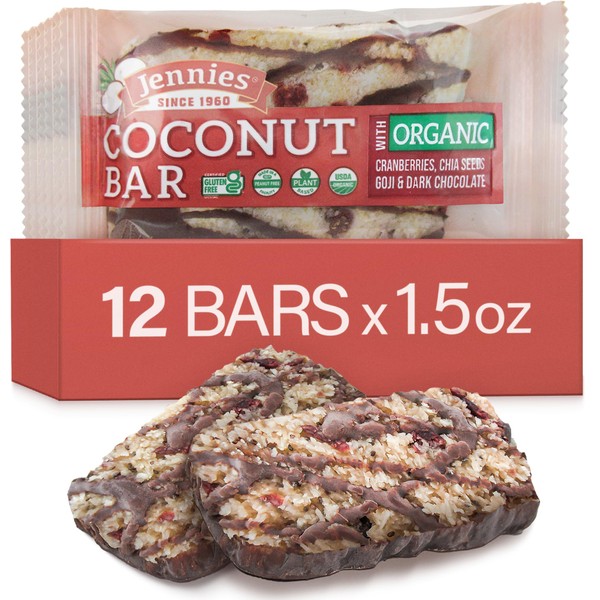 Jennies Raw Organic Goji Moji Coconut Bar, 1.5oz (12 Pack) | Peanut Free | Gluten Free