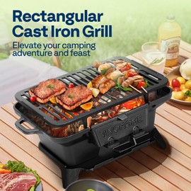 VIVOHOME Rectangle Cast Iron Charcoal Grill with Double-Sided Grate, Portable Outdoor BBQ Grill, Compact Tabletop Grill Stove (Note: The charcoal grid is made of stainless steel, not cast iron)