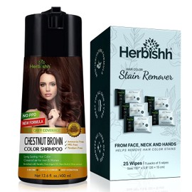 Herbishh Chestnut Brown 3 in 1 Hair Dye Shampoo 400 ML PPD Free + Hair Color Stain Remover Wipes - Gentle Formula for Dye Cleanup