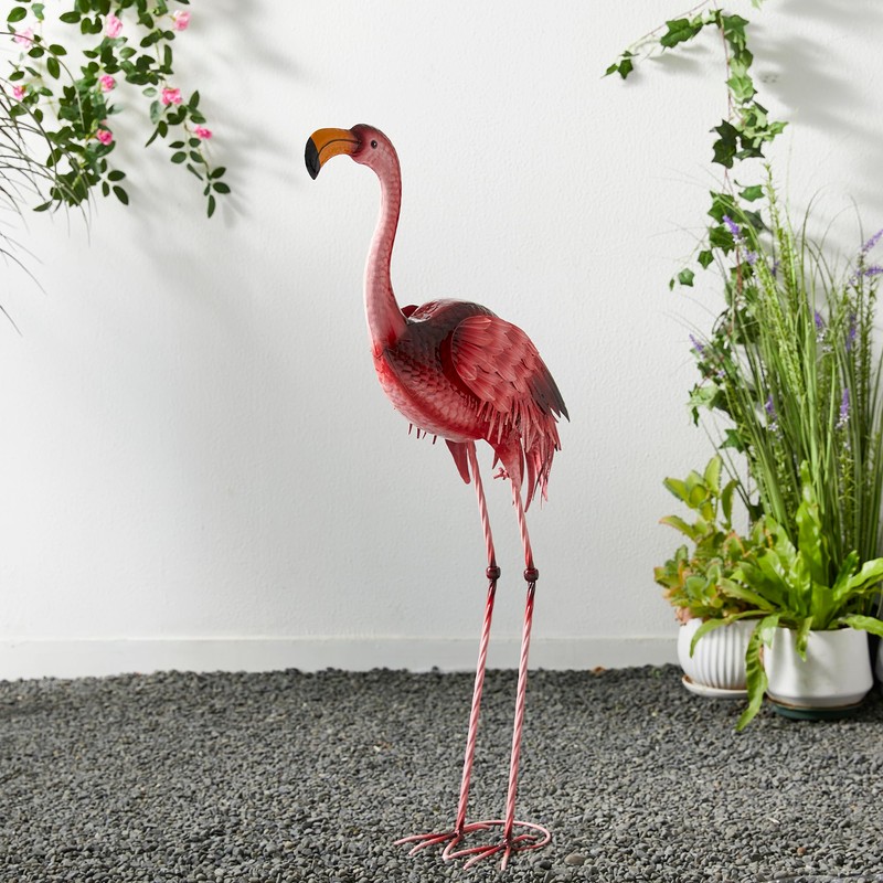 Glitzhome Metal Standing Flamingo Garden Statue with Stakes Outdoor Decorative
