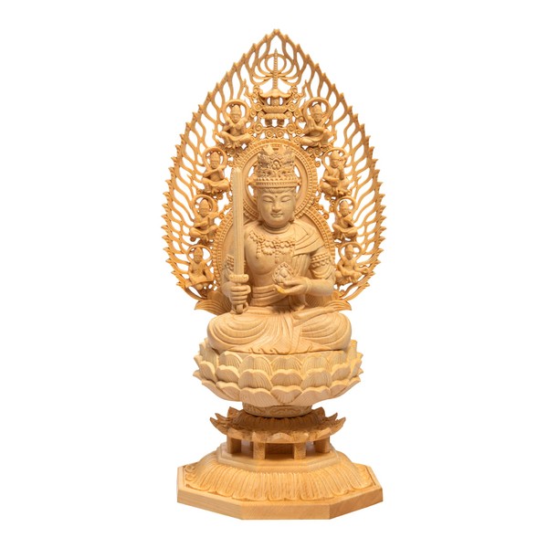 Traditional Sculpture Buddha Statue, Kuzo Bodhisattva, Buddhist Altar Statue, Figurine, Wooden Carving, Hideyokoro, Octagonal Base, Year of the Ox and Tiger Year, 12 Zodiac Amulet of Fortune, Prayer,