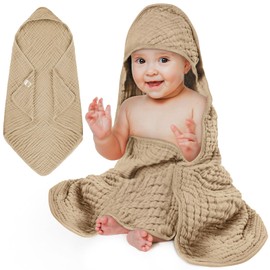 Aolso Baby Kapuzenhandtücher, 80×80CM Baby Handtuch Kapuze für Badezimmer, Krepp Baumwolle Badeponcho Kinder Weich & Super Saugfähig, Babyhandtuch mit Kapuze Unisex, Blasensand beige