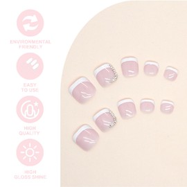 French False Toenails - 24pcs Short Square Toe Nails False With Glitter Rhinestones - Nude Pink Press On Nails With Glue - Acrylic Full Cover Summer Stick On Toenails For Women Girls Daily Decorations