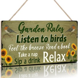 TOARTi Spring Garden Decor Sign - Bird & Sunflower Wood Plaque with Relaxing Quotes, Outdoor Yard Art for Patio Lawn Decoration,Rustic Garden Rules Welcome Sign Housewarming Gift