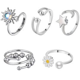ThrivingAura 5Pcs Anxiety Ring for Women, Fidget ring, Adjustable Open Fidget rings, Twist Rings for Anxious Women Teen Girls, Moon and Stars Adjustable Teens Rings Birthday Party Gifts