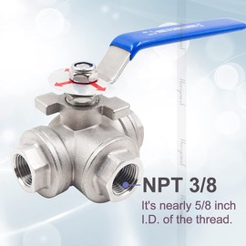 Horiznext NPT 3/8 threaded stainless steel 3 way T port with mounting pad ball valve, manual control water flow pipe gas hose heater hydraulic draining air pex tube (1 pc)