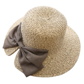 White Fang CZ940 Women's Straw Hat with Large Ribbon, Back Slit, Fashionable, Stylish, Khaki