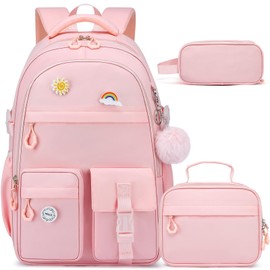 kamater School Backpack for Teen Girls, 3PCS Set with Lunch Bag & Pencil Case, Ergonomic Straps Bookbag for Elementary to Middle School Students, Pink
