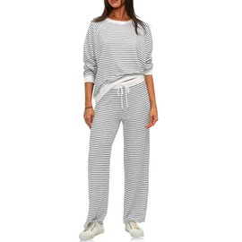 Tankaneo Womens Fall 2 Piece Outfits Striped Long Sleeve Sweatshirt Drawstring Pants Matching Set Tracksuit Light Grey