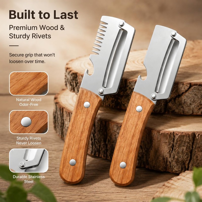 2Pcs Vegetable Peeler with Wooden Handle, Odor-Free Stainless Steel Multi