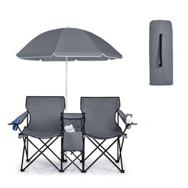 CHEFJOY Double Camping Chair, 2-Person Portable Beach Chair w/Removable Umbrella, Cup Holders & Carrying Bag, Folding Loveseat Chairs for Adults Outdoor Picnic (Grey)