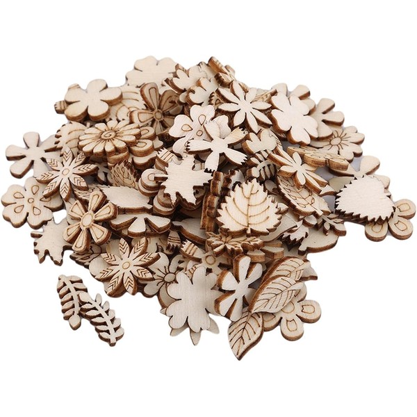 100Pcs Unfinished Wooden Flower Wood Slice Leaf Pattern Wood Cutouts