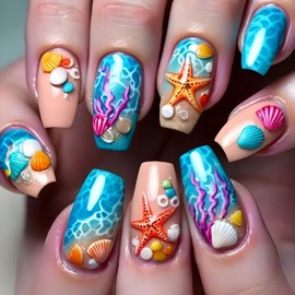 Starfish Shell Press on Nails Medium Ballet Shaped Full Cover Glossy Ocean Style Acrylic False Nail Artificial Blue Stick on Nail Press Ons Ballet Artificial Fingernails DIY Glue on Nails for Women