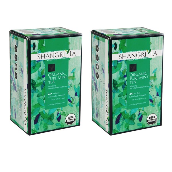 Shangri-La Tea Company Organic Tea Bags, Pure Herbal Mint Decaf, 2 Boxes With 20 Tea Bags Each (40 Total), 2Count