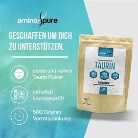 aminopure® | Taurin Pulver pur | reines und veganes Taurin ohne Zusatzstoffe | 500 Portionen (1 Gramm am Tag) | schadstoffgeprüft im Labor mit Zertifikat | 500 Gramm
