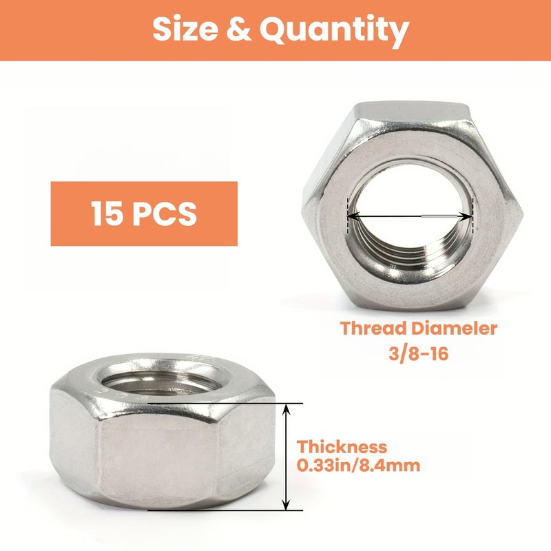 Hmevsafinect 3/8"-16 Hex Nuts,15 Pack 304 (A2-70) Stainless Steel Hardware