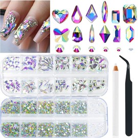  2680pcs 3D Rhinestone Nail Parts, Acrylic Crystal AB, Polyform Acrylic Crystal AB Nail Art Charm, Glitter Flat Back Beads, Transparent Nail Stone Nail Art