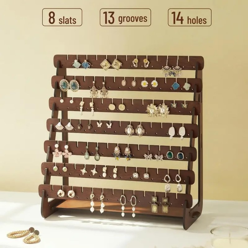 7-Layer Wooden Earring Holder Stand, Rustic Jewellery Display Organiser with