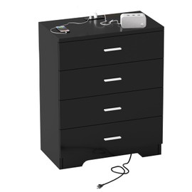 GEPELCN Dresser for Bedroom Black Dresser with Power Outlets Wood 4 Drawer Dresser with Large Organizer Tall Chest of Drawers Closet Modern Dresser for Bedroom Living Room Kids Room Hallway