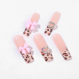 BABALAL Square Press on Nails Long Fake Nails Brown Cheetah French Tip Glue on Pink Bow Heart Charm Design 24Pcs Fall Thick False Acrylic Nails