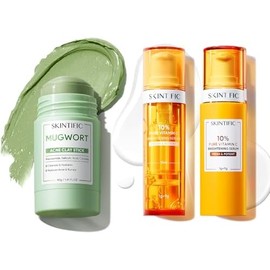 SKINTIFIC Kit de Rostro Impecable: Mascarilla de Mugwort en Barra 40g + Suero de Vitamina C 10% de Doble Cámara – Control de Grasa, Limpieza de Poros y Efecto Iluminador Corrector de Manchas
