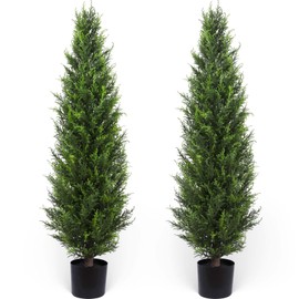 Artificial Cedar Topiary Trees 4ft Fake Cypress Trees Faux Cedar Topiary Evergreen Potted Plants Silk Pine Cypress Tree for Outdoors Front Home Decor 2 Pack