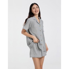 XINJU Pajamas for Women Set 100% Double Gauze Cotton Linen Like Short Sleeve Sleepwear Button Down Nightwear Summer Pjs Set (US, Alpha, Medium, Regular, Regular, Short Set, Grey)