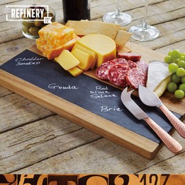 Refinery and Co. Solid Acacia Wood and Slate Meat and Cheese Board Set, Knives with Hammered Copper Finish Handles, Large Charcuterie Party Tray, Best Anniversary Housewarming for Entertaining