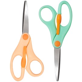 ANJOBIBI Small Student Kids Craft Scissors,Anti-Pinch Design for Children's Paper Cutting，Ages 4-8, 5-Inch(2Pack）(Green+Orange)