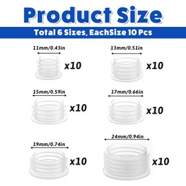 Pack of 60 Salt and Pepper Shaker Stoppers, Reusable Round Plastic End Caps in 6 Sizes, Clear Plastic Plugs, 11/13/15/17/19/24 mm