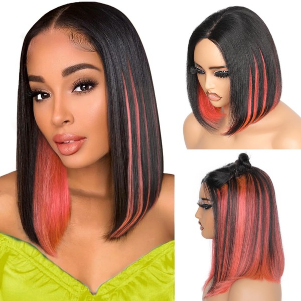 Real Hair Wig Straight 2x4 Bob Wig Wear and Go Glueless Wig 180% Density 1B/Pink Butterfly Short Bob Wig Perruque Brésiliennes de cheveux humains Wig with Colour Gradient 14 Pouces