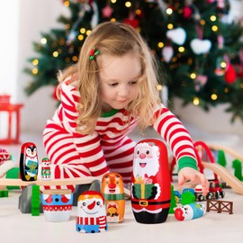 DEARMAMY 6PCS Russian Nesting Dolls Wooden Handmade Matryoshka Dolls For Children Cute Cartoon Nesting Dolls For Kids Snowman Santa Claus Theme Christmas Toys