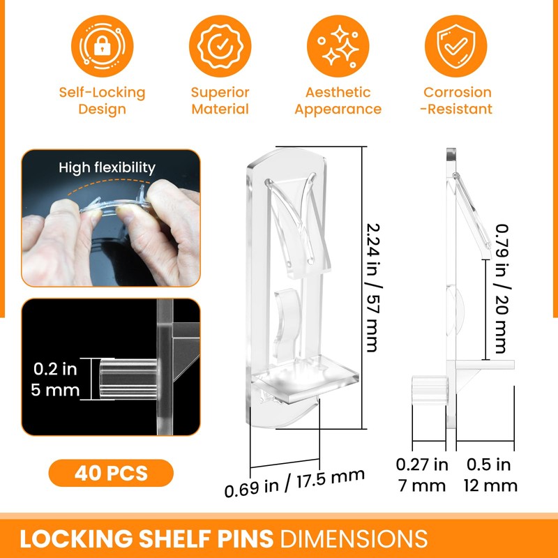 MARRTEUM 40Pcs Plastic Locking Shelf Support Pegs, 5mm Clear Self-Locking