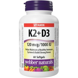 Webber Naturals Vitamin K2 with D3, 60 Softgels, Helps Support Bones, Teeth, and Immune Function, Gluten & Dairy Free