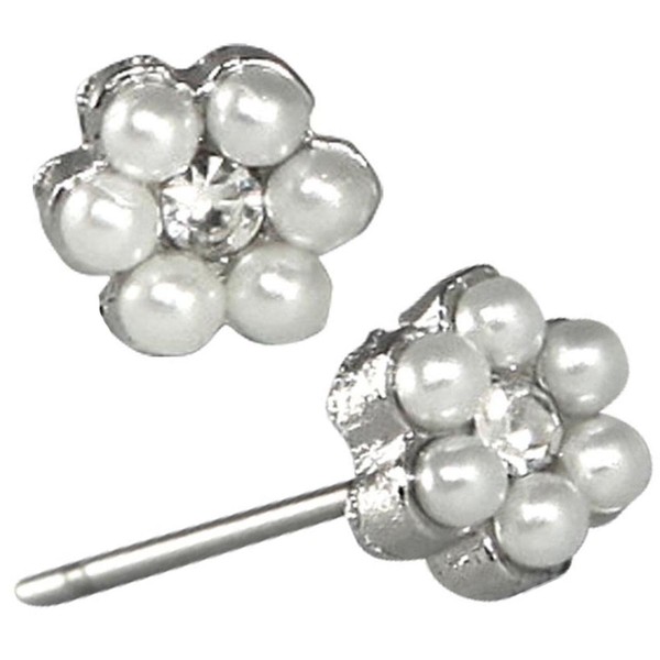 Simple Faux Pearl Flower Crystal Center Stud Earrings