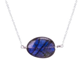 GEMKORA Natural Real Labradorite Crystals Horizontal Pendant Necklace, Polished Birthstone, Healing Tumble Gemstone, Birthday, Christmas Day Gift Jewelry, 925 Sterling Silver Jewellery 18 inch