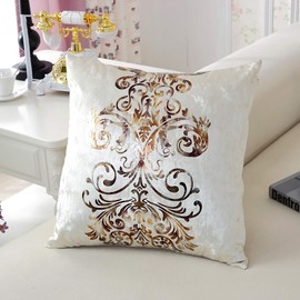 LiiZee Pack of 2 Poly-Velvet Decorative Throw Pillow Covers Metallic Shining Vintage Floral Cushion Cover Pillowcase for Sofa Couch Bedroom Home Decor, (Off-White 18 x 18 Inch)