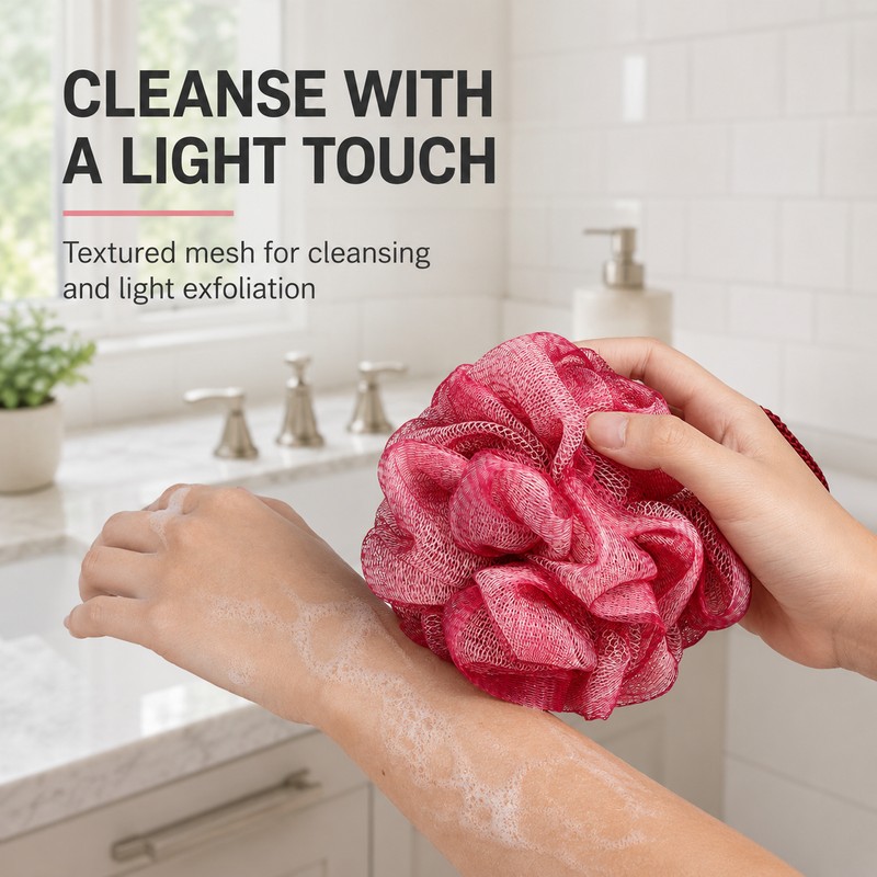 Shower Loofah Bath Pouf – Soft Mesh Body Scrubber with