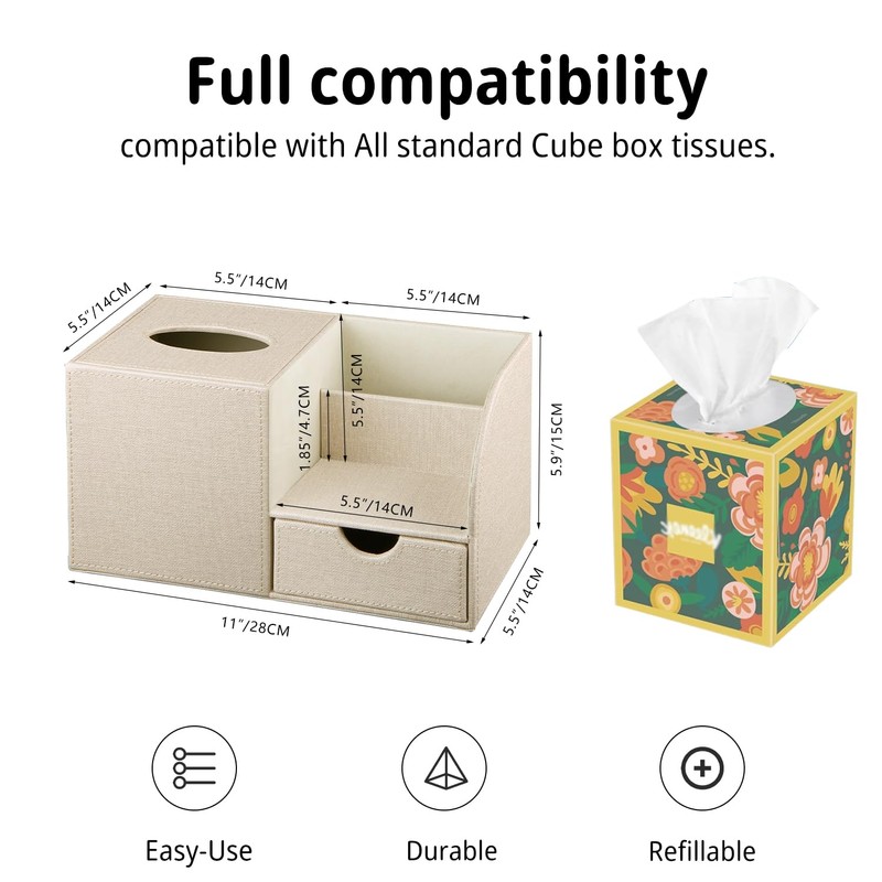 Nightstand Organizer with Tissue Holder,PU Leather Square Tissue Box Cover,Modern