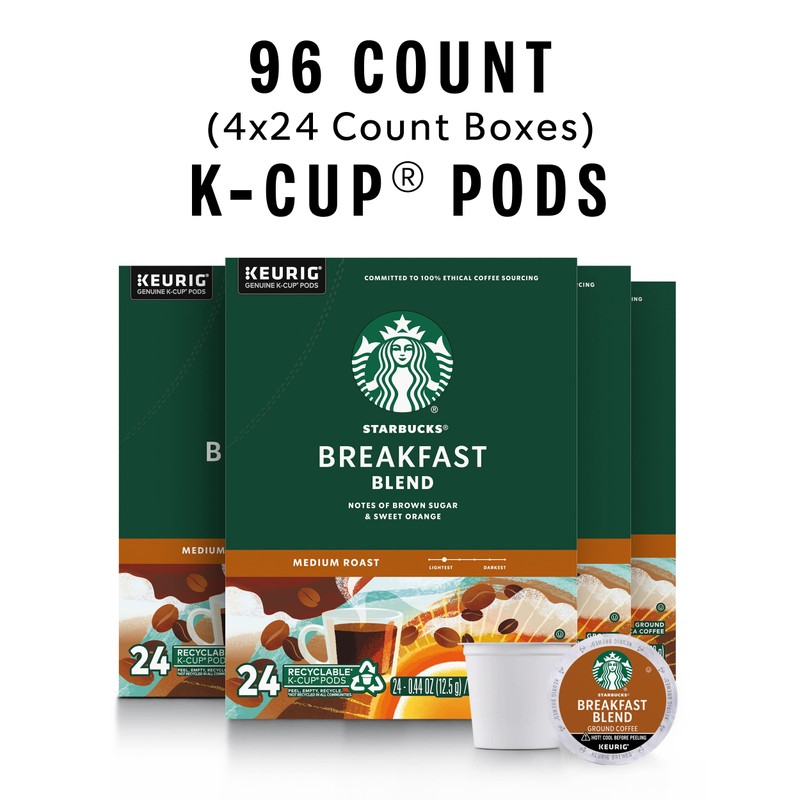 Starbucks K-Cup Coffee Pods, Medium Roast Coffee, Breakfast Blend, 100%