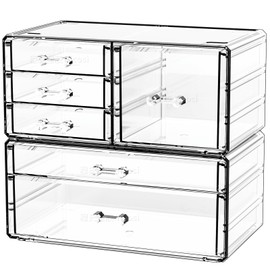 Cq acrylic Cq acrylic 2 Pack Clear Desk Organizer With Drawers,Stackable 6 Drawers Skincare Organizer,Cute Skin Care Organizer for Vanity Hair Clip,Jewelry,Beauty Product Desk and Makeup Organizer Countertop
