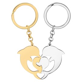 OUSIO Valentine's Day 2PCS Couples Matching Puzzle Cute Dolphin Keychain Ocean Animals Heart Key Ring for Women Charm Gifts (18K Gold And Silver Plated)