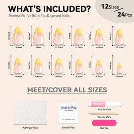 CUZIAM Lemon Yellow Nude Ombre Press on Nails for Women, Short Almond Neon Yellow Spring Summer Gel French Tip Full Cover Stick on Nail, 24Pcs Glossy Reusable Perfectly Fit False Fake Nail with Glue